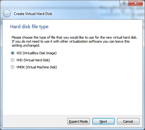 Select VDI to create a VirtualBox Disk Image