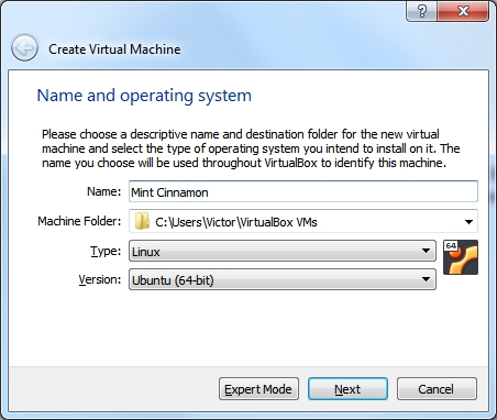 Creating a new virtual machine for Linux Mint Cinnamon