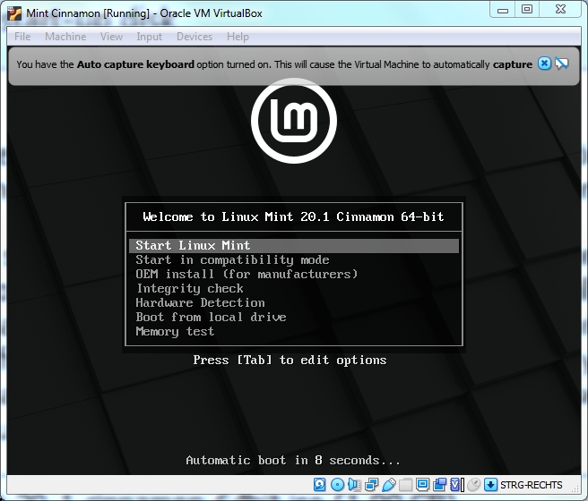 Linux Mint Cinnamon's boot menu