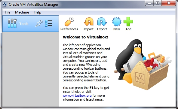 The VirtualBox main view