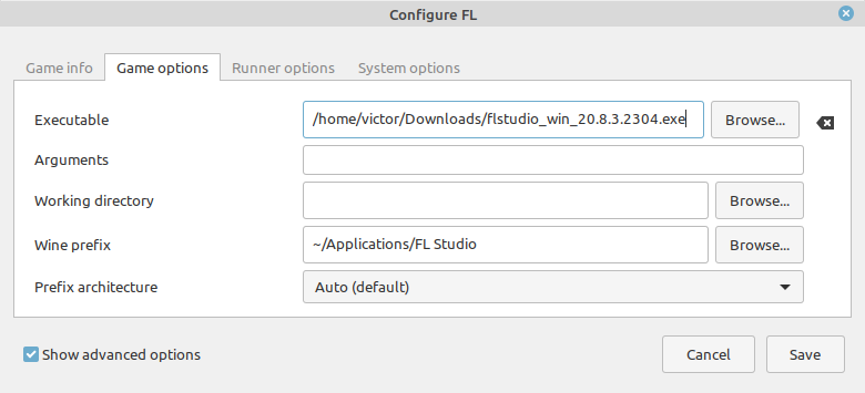 Configuring the Game Options in Lutris for FL Studio