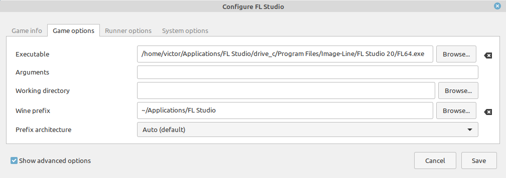 Selecting the FL Studio .exe in Lutris