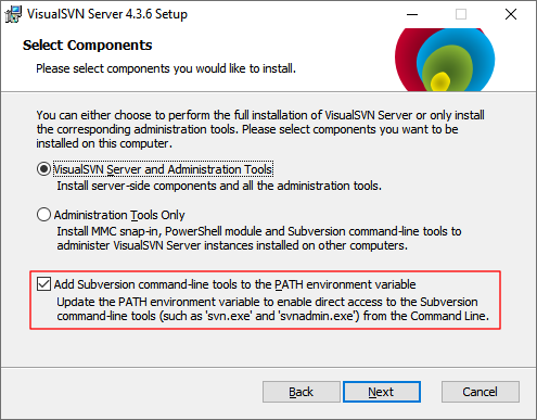 Make sure that Add Subversion command-line tools to the PATH environment variable is enabled during the VisualSVN Server setup